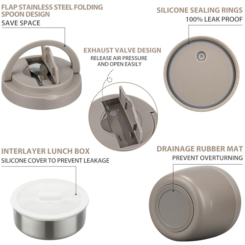 wiwens Thermo Food Jar for Hot Food Adults 32OZ Soup Thermo Lunch Containers Wide Mouth Vacuum Insulated Stainless Steel Leakproof Bento Box with Spoon (Khaki) - Image 4