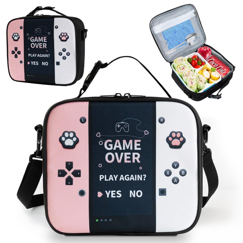 Easozoom Game Console Bento Insulated Lunch Bag lonchera for Teen Boy Kid Gamer Lunch Box Reusable Large Capacity Portable Waterproof Leakproof with name tag to School Office Picnic (Pink) - Image 1
