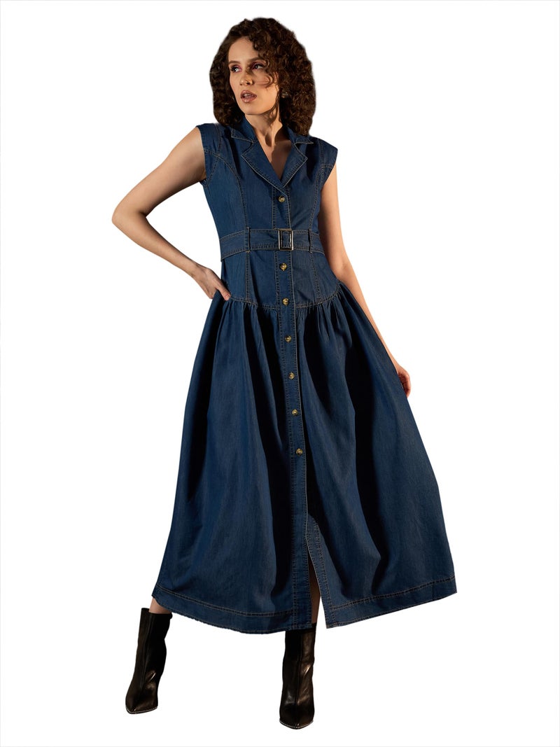 StyleStone Women's Denim Maxi Dress with Lapel and Belt (4221BluTroyMaxiS) - Image 1