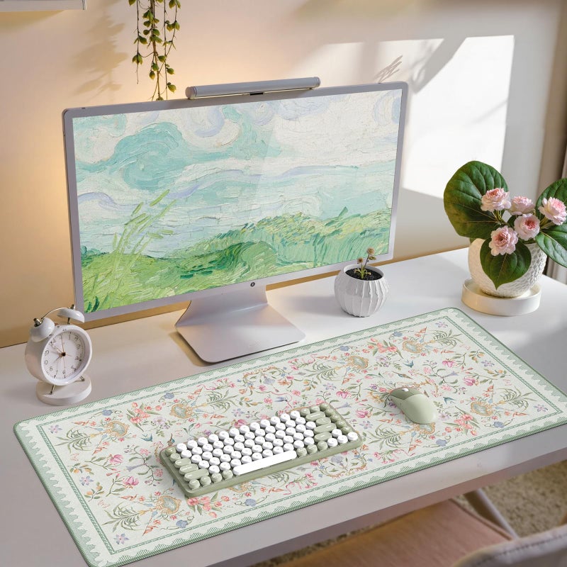 iCasso Desk Cover Mat Green,Extra Large Mouse Pad for Desktop,Anti-Slip Keyboard Pad with Stitched Edges,Cute Floral Computer Mat for Women,Aesthetic Desk Protector for Office Home Dorm - Image 1