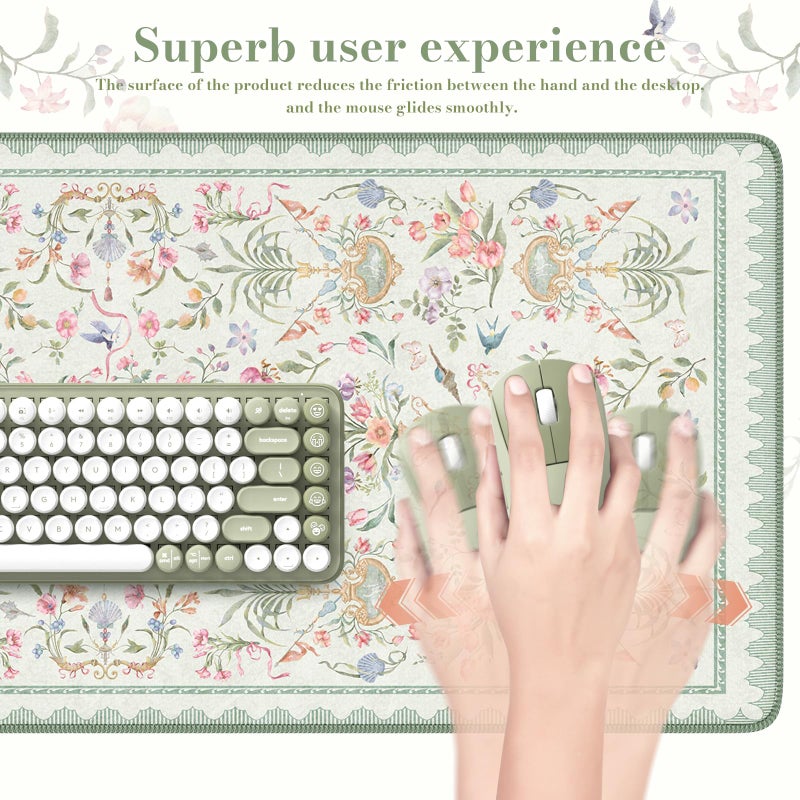 iCasso Desk Cover Mat Green,Extra Large Mouse Pad for Desktop,Anti-Slip Keyboard Pad with Stitched Edges,Cute Floral Computer Mat for Women,Aesthetic Desk Protector for Office Home Dorm - Image 4