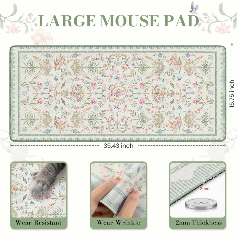 iCasso Desk Cover Mat Green,Extra Large Mouse Pad for Desktop,Anti-Slip Keyboard Pad with Stitched Edges,Cute Floral Computer Mat for Women,Aesthetic Desk Protector for Office Home Dorm - Image 2