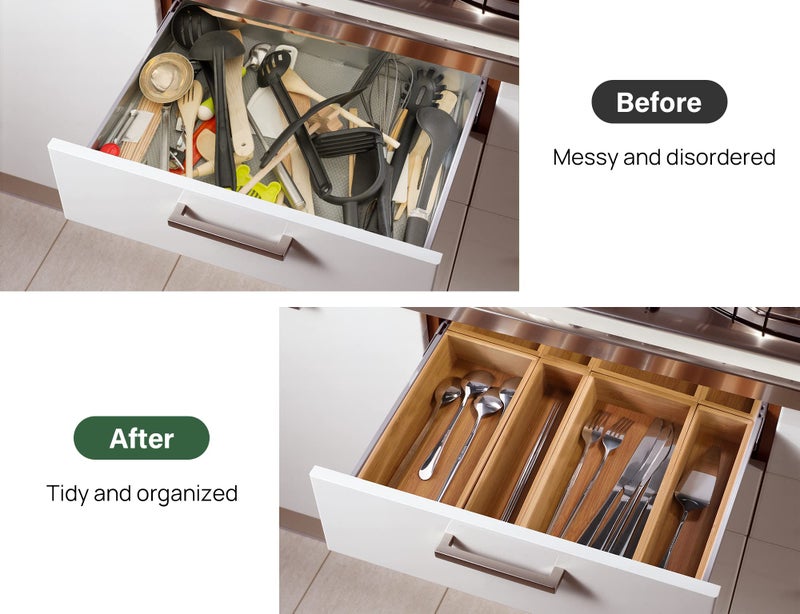 Kootek 8 Pcs Bamboo Drawer Organizer Utensil Tray Kitchen Storage Box 4-Size Versatile Dividers Cutlery Holders Bins Containers for Flatware Kitchen Utensils - Image 4