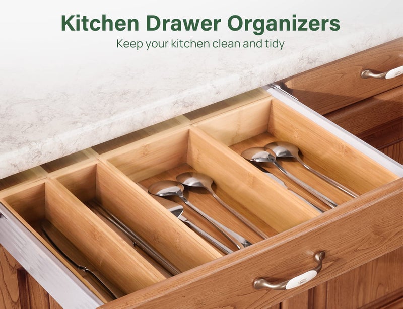 Kootek 8 Pcs Bamboo Drawer Organizer Utensil Tray Kitchen Storage Box 4-Size Versatile Dividers Cutlery Holders Bins Containers for Flatware Kitchen Utensils - Image 5