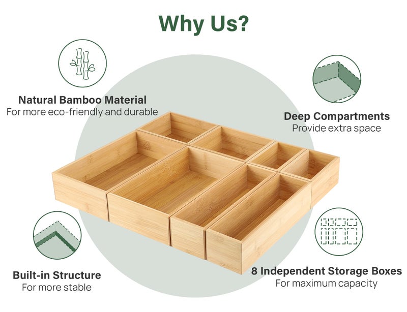 Kootek 8 Pcs Bamboo Drawer Organizer Utensil Tray Kitchen Storage Box 4-Size Versatile Dividers Cutlery Holders Bins Containers for Flatware Kitchen Utensils - Image 3
