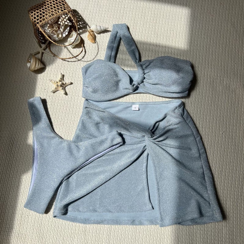 2024 New Solid One-Shoulder Bikini Swimwear Set sky blue  - Image 1