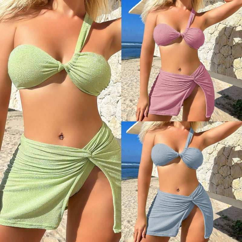 2024 New Solid One-Shoulder Bikini Swimwear Set sky blue  - Image 3