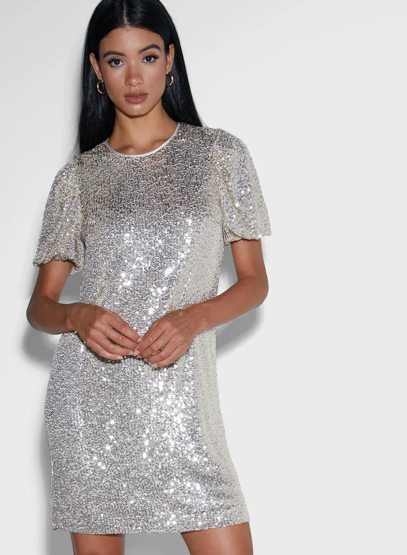 WHISTLES Puff Sleeve Sequin Dress
