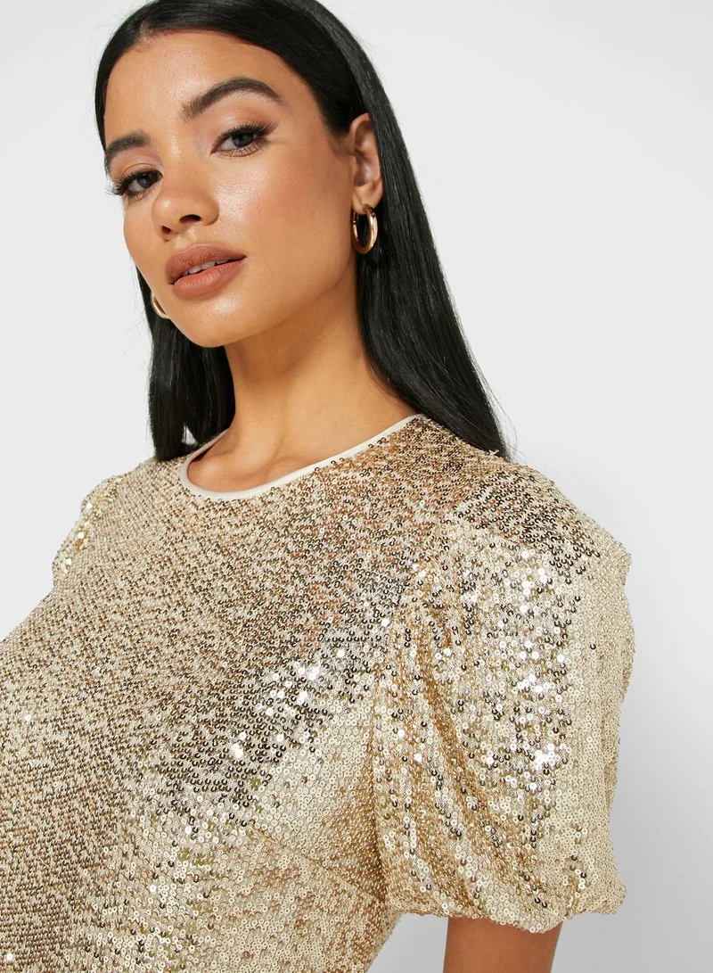 WHISTLES Puff Sleeve Sequin Dress