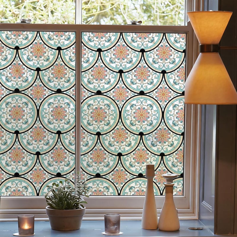 DKTIE Window Film Vinyl Non Adhesive Privacy Film Bohemian Stained Glass Window Film for Bathroom Shower Door Heat Control Anti UV 44.5x200cm - Image 3