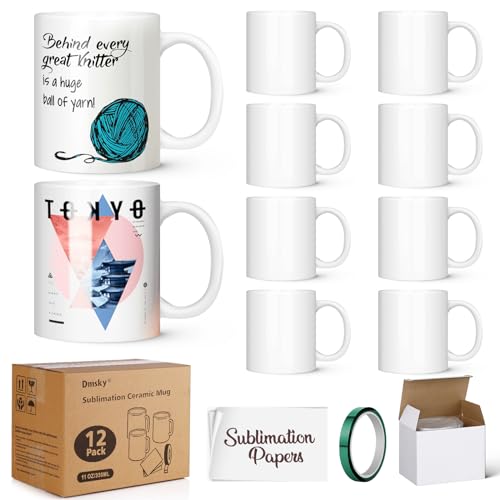 Dmsky Sublimation Coffee Mugs Tazas Para Sublimar 11 oz Blank Bulk Coffee Mug White Ceramic Photo Cups With Box, Heat Tape, sublimation paper Ideal for Crafts Printing Set of 12 - Image 1