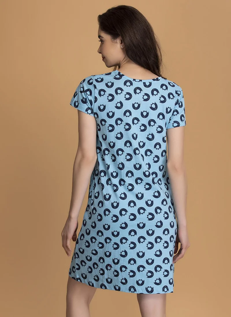 Clovia Blue Clovia Monster Emoji Print Short Night Dress in Sky Blue - 100% Cotton for Women | Best Price UAE