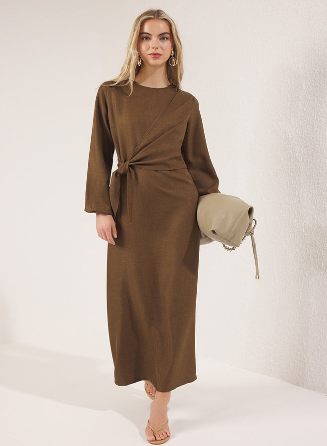 trendyol Khaki Linen Look Woven Dress - Image 5
