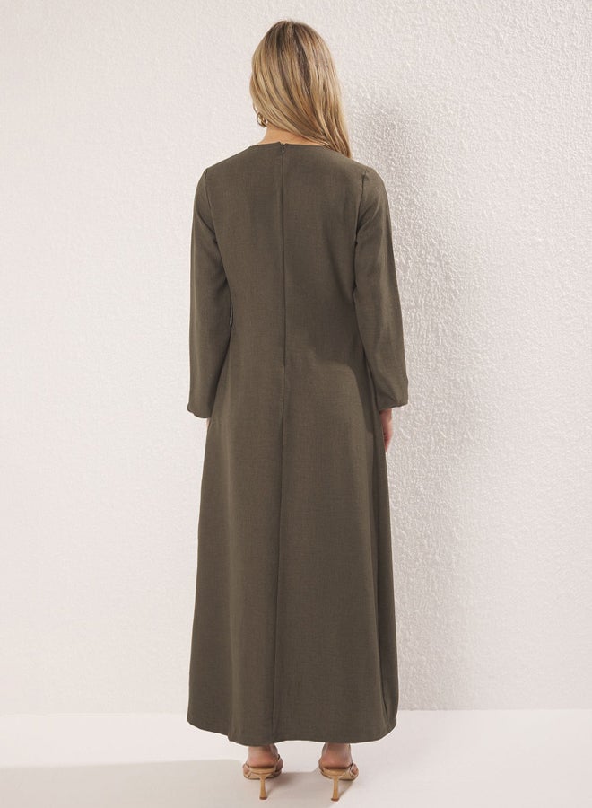 trendyol Khaki Linen Look Woven Dress - Image 4