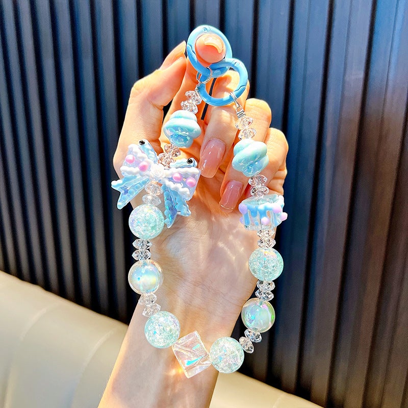 Beaded bow block mobile phone chain keychain acrylic kulomi key chain bag pendant gift wholesale Blue-square bow beaded bracelet