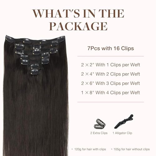 Googoo GOO GOO Clip in Hair Extensions Real Human Hair, Remy Human Hair Extensions Clip ins for Women, Natural Human Hair, 20inch 120g 7Pcs, 2 Dark Brown - Image 2