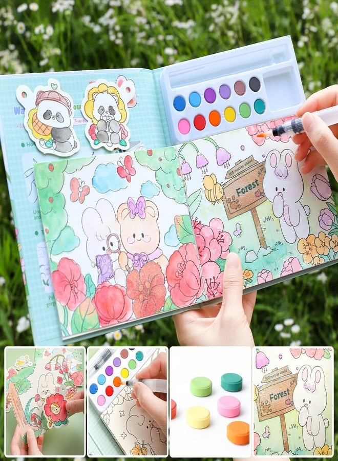 HELIMIX Watercolor Painting Book Set for Kids – 24 Doodle Coloring Sheets, 12 Solid Watercolor Paints & Water Brush Pen | DIY Art & Craft Kit | Birthday Return Gift for Boys & Girls Age 3–10 Years (RABBIT) - Image 2