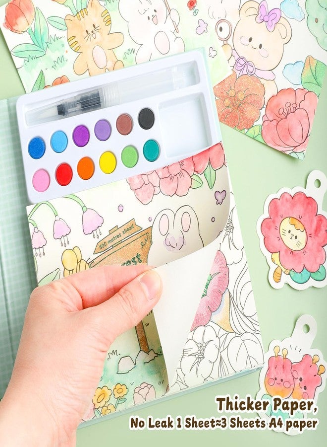HELIMIX Watercolor Painting Book Set for Kids – 24 Doodle Coloring Sheets, 12 Solid Watercolor Paints & Water Brush Pen | DIY Art & Craft Kit | Birthday Return Gift for Boys & Girls Age 3–10 Years (RABBIT) - Image 3