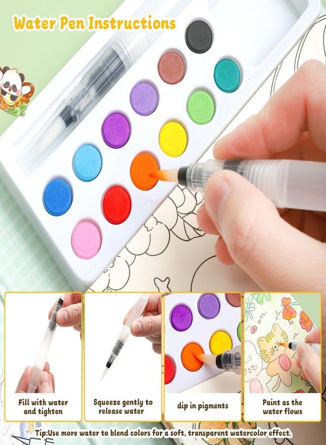 HELIMIX Watercolor Painting Book Set for Kids – 24 Doodle Coloring Sheets, 12 Solid Watercolor Paints & Water Brush Pen | DIY Art & Craft Kit | Birthday Return Gift for Boys & Girls Age 3–10 Years (RABBIT) - Image 5