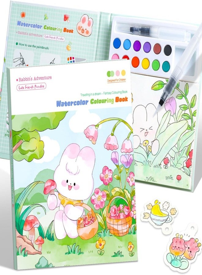 HELIMIX Watercolor Painting Book Set for Kids – 24 Doodle Coloring Sheets, 12 Solid Watercolor Paints & Water Brush Pen | DIY Art & Craft Kit | Birthday Return Gift for Boys & Girls Age 3–10 Years (RABBIT) - Image 1