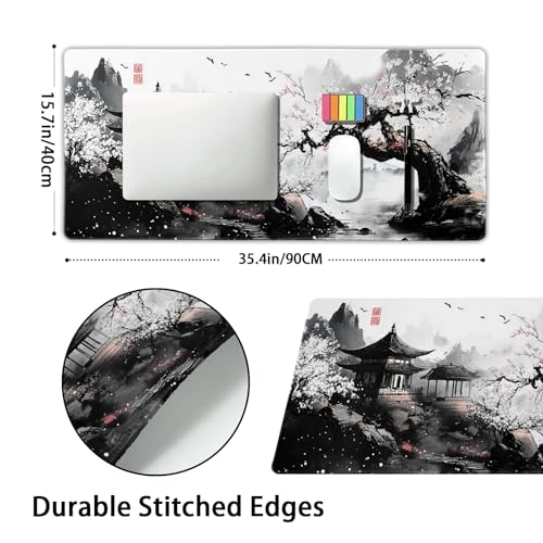 aportt Black Whtie Japanese Gaming Mouse Pad XXL Anime Sakura Cherry Blossom Tree Extended Large Mat Mousepad Desk Pad Non-Slip Rubber Base Stitched Edge Keyboard Pad Playmat for Computer,35.4×15.7 Inch - Image 2