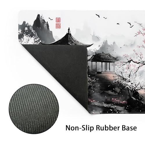 aportt Black Whtie Japanese Gaming Mouse Pad XXL Anime Sakura Cherry Blossom Tree Extended Large Mat Mousepad Desk Pad Non-Slip Rubber Base Stitched Edge Keyboard Pad Playmat for Computer,35.4×15.7 Inch - Image 3