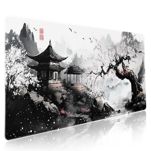 aportt Black Whtie Japanese Gaming Mouse Pad XXL Anime Sakura Cherry Blossom Tree Extended Large Mat Mousepad Desk Pad Non-Slip Rubber Base Stitched Edge Keyboard Pad Playmat for Computer,35.4×15.7 Inch - Image 1