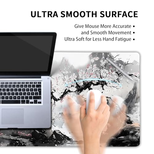aportt Black Whtie Japanese Gaming Mouse Pad XXL Anime Sakura Cherry Blossom Tree Extended Large Mat Mousepad Desk Pad Non-Slip Rubber Base Stitched Edge Keyboard Pad Playmat for Computer,35.4×15.7 Inch - Image 4