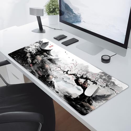 aportt Black Whtie Japanese Gaming Mouse Pad XXL Anime Sakura Cherry Blossom Tree Extended Large Mat Mousepad Desk Pad Non-Slip Rubber Base Stitched Edge Keyboard Pad Playmat for Computer,35.4×15.7 Inch - Image 5