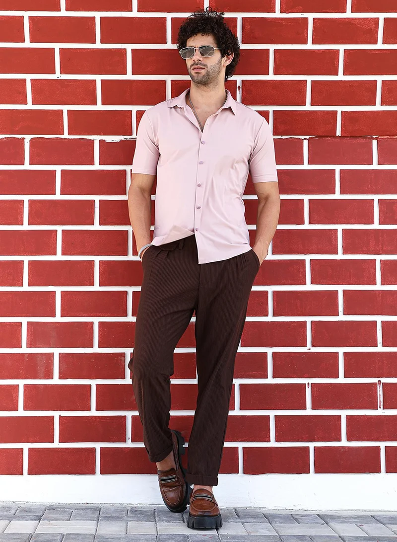 كامبوس سوترا Campus Sutra Men's Lemonade Pink Seamless Waffle Shirt For Casual Wear | Spread Collar | Short Regular Sleeves | Button Closure | Shirt Crafted With Comfort Fit For Everyday Wear