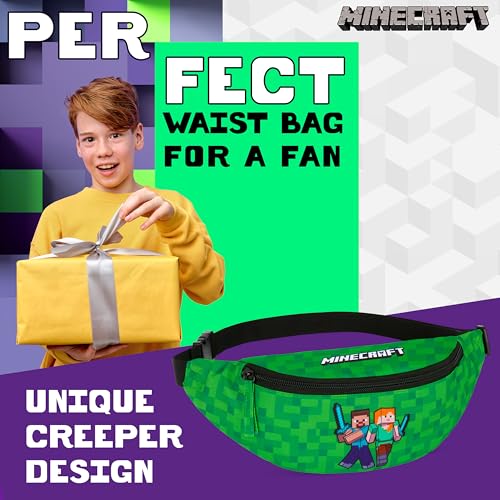 MINECRAFT حقيبة خصر فاشن للأولاد من ماينكرافت مع حزام قابل للتعديل، حقيبة سفر كريبر - هدايا للاعبين (خضراء) - Image 3