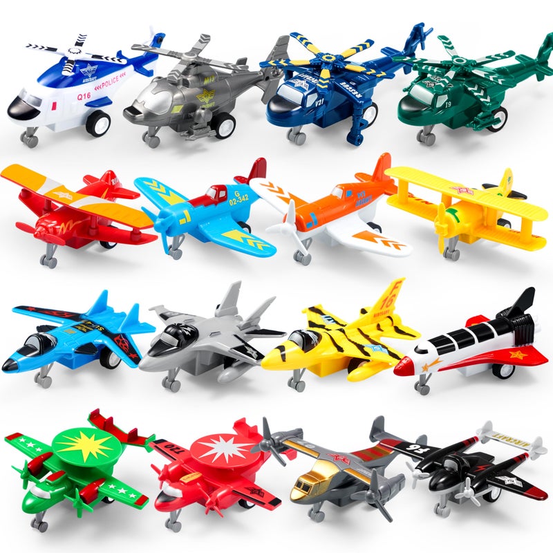 JOYIN JOYIN 16 Pcs Pull Back Airplane Toys, Boys Plane Playset, Aircraft Including Helicopter Toys, Jet Toys, Fighter Jet Toys, Bomber Toys, Biplane Toy, Gifts for Toddler Kids 2-8 Years Old  - Image 1