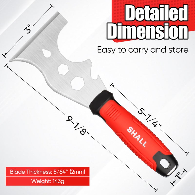 SHALL 8-In-1 Paint Scraper, Stainless Steel Paint Remover Scraper Tool, Putty Knife with Hammer End and Comfort Handle, Metal Spackle Scraper for Removing Drywall Paint, Caulk, Wood, Wallpaper - Image 2
