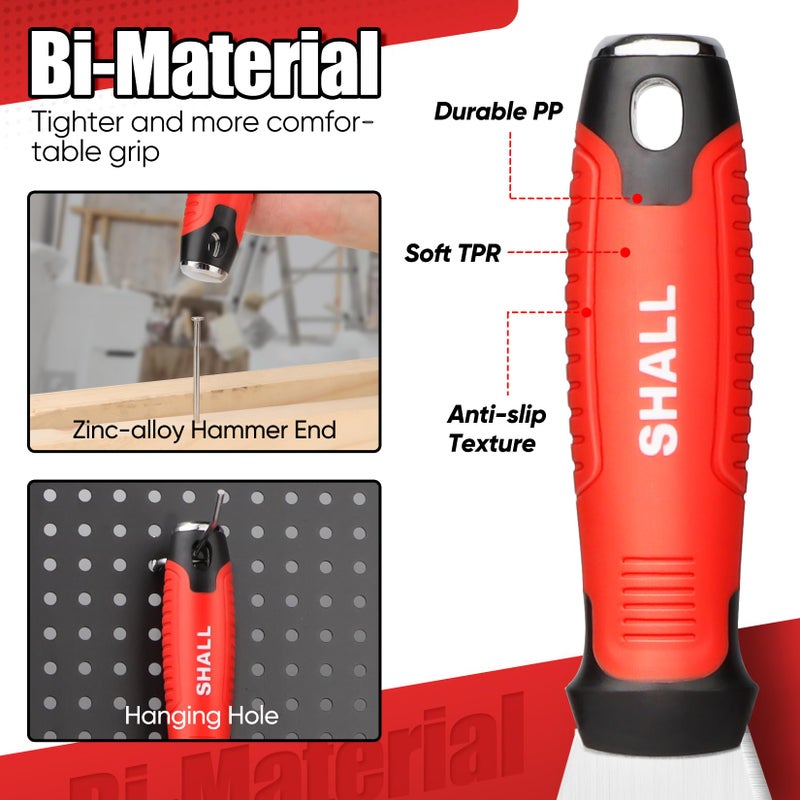 SHALL 8-In-1 Paint Scraper, Stainless Steel Paint Remover Scraper Tool, Putty Knife with Hammer End and Comfort Handle, Metal Spackle Scraper for Removing Drywall Paint, Caulk, Wood, Wallpaper - Image 4