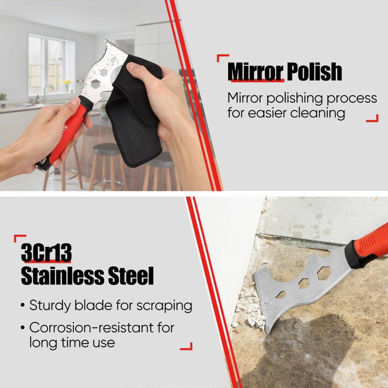 SHALL 8-In-1 Paint Scraper, Stainless Steel Paint Remover Scraper Tool, Putty Knife with Hammer End and Comfort Handle, Metal Spackle Scraper for Removing Drywall Paint, Caulk, Wood, Wallpaper - Image 5