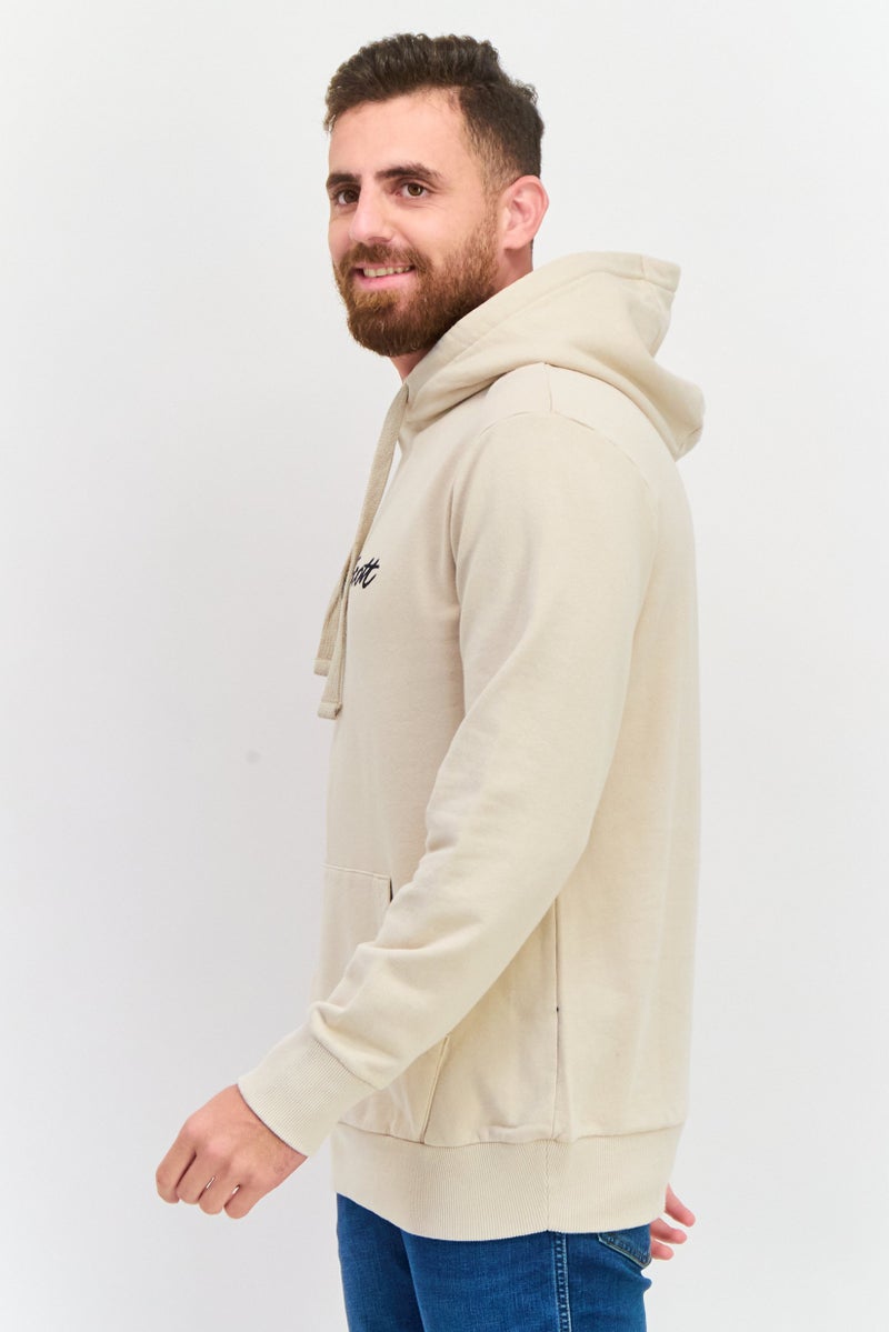 Men Embroidered Logo Long Sleeves Hoodies, Beige