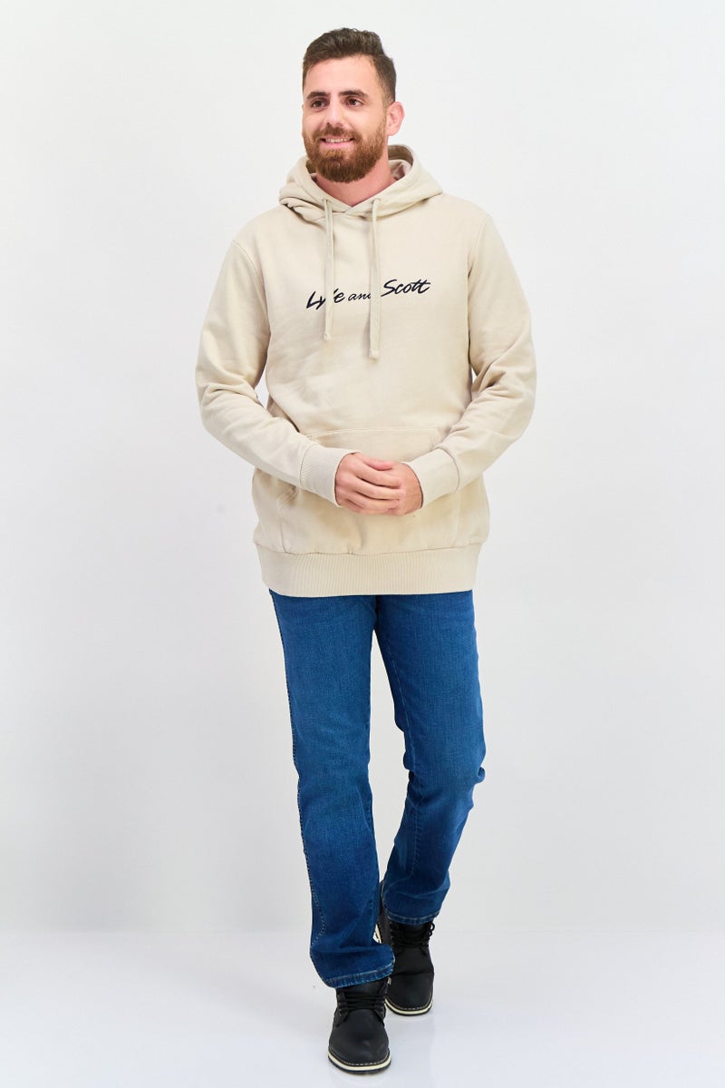 Men Embroidered Logo Long Sleeves Hoodies, Beige