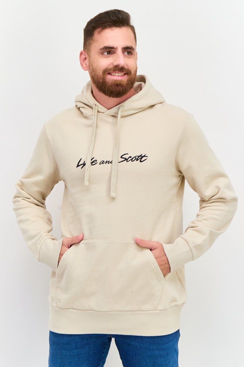 Men Embroidered Logo Long Sleeves Hoodies, Beige