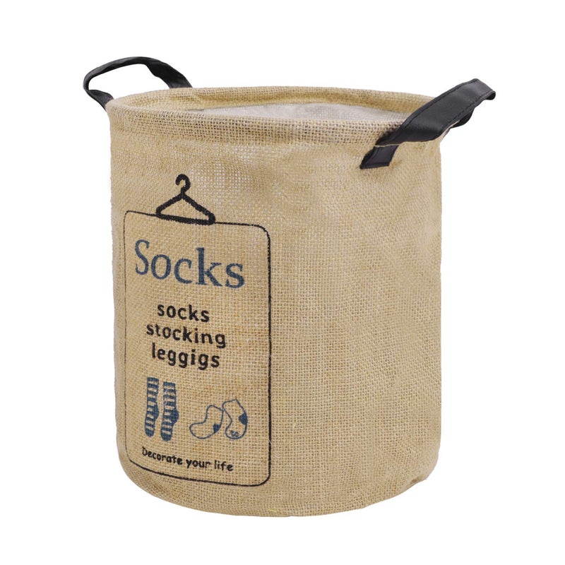 Fakeface Pop-up Laundry Hampers Waterproof Cotton Linen Foldable Round Storage Bucket Organizer Dirty Clothes Shoes Basket Holder Baby's Toys Collection Box Closet Bin+3 Handles "SOCKS" Print - Image 3