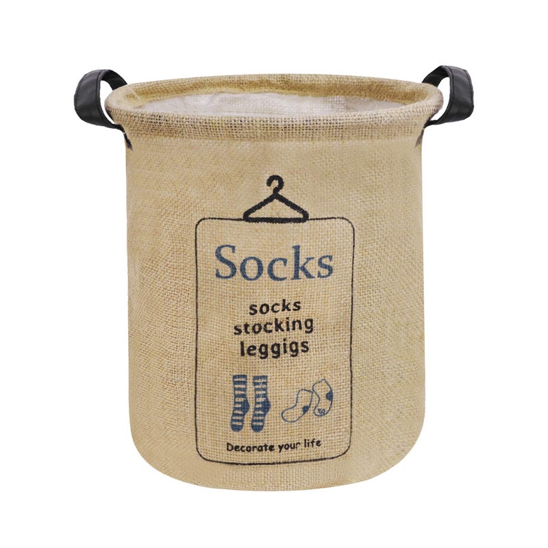 Fakeface Pop-up Laundry Hampers Waterproof Cotton Linen Foldable Round Storage Bucket Organizer Dirty Clothes Shoes Basket Holder Baby's Toys Collection Box Closet Bin+3 Handles "SOCKS" Print - Image 1