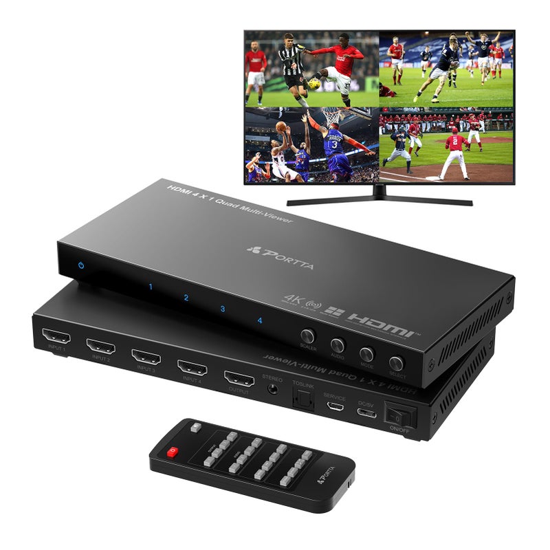 مفتاح HDMI متعدد العرض 4K 4x1 مع PIP PORTTA محول متعدد العرض الرباعي بدون انقطاع 4 في 1 خارج مع مخرج صوت Toslink 35mm يدعم 4K 30Hz 6 أوضاع عرض متوافقة مع PS4 Xbox
