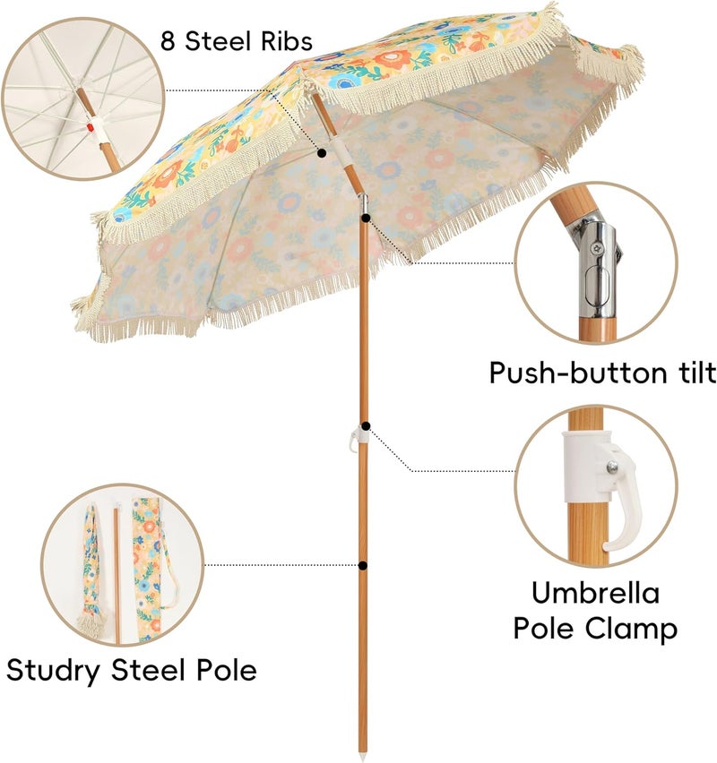 Seazul Patio Umbrella with Fringe, Beach Umbrella, Fringe Umbrella Outdoor Patio with Hanging Hook, Tilting Aluminum Pole, UV 50+, Fiberglass Ribs - Image 4