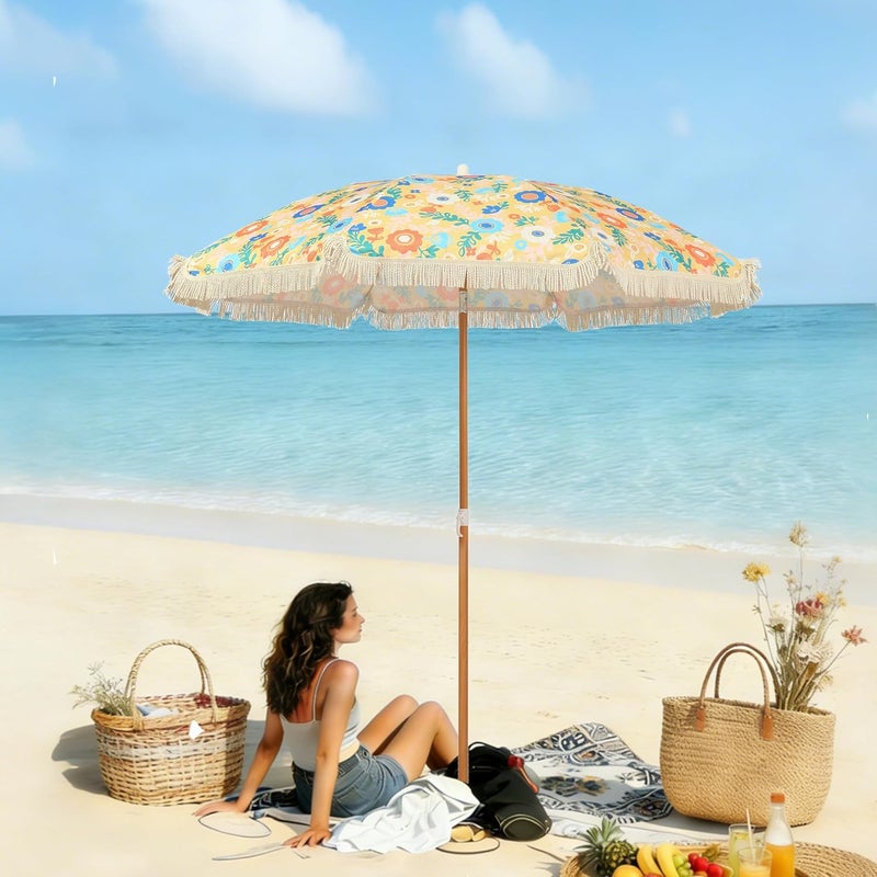 Seazul Patio Umbrella with Fringe, Beach Umbrella, Fringe Umbrella Outdoor Patio with Hanging Hook, Tilting Aluminum Pole, UV 50+, Fiberglass Ribs - Image 2