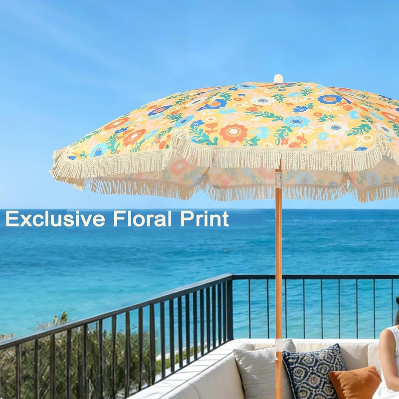 Seazul Patio Umbrella with Fringe, Beach Umbrella, Fringe Umbrella Outdoor Patio with Hanging Hook, Tilting Aluminum Pole, UV 50+, Fiberglass Ribs - Image 3