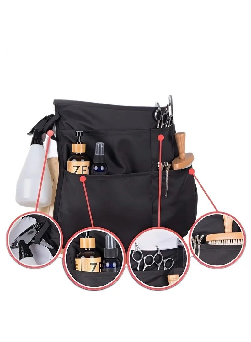 1 Piece Apron Holder with Pockets for Professional Barber, Hairdresser and Hair Stylists It is a waterproof apron placed on the waist and secured with an adjustable belt made of black fabric with multiple pockets. It has 5 pockets for scissors, comb, paste brush, hair dryer, shaving cream, makeup brushes, water spray and most of the barber's or hairdresser's daily accessories to facilitate his work and have his tools at his fingertips and reach him. It is effective and comfortable. It is used by barbers, salons and beauty centers - Image 2
