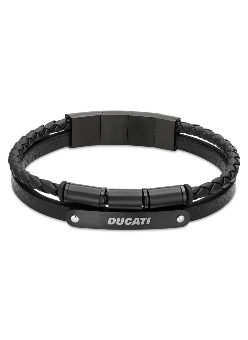 دوكاتي كورس Coraggio Black Leather Strap Gents Bracelet with Magnetic Clasp - 210 mm