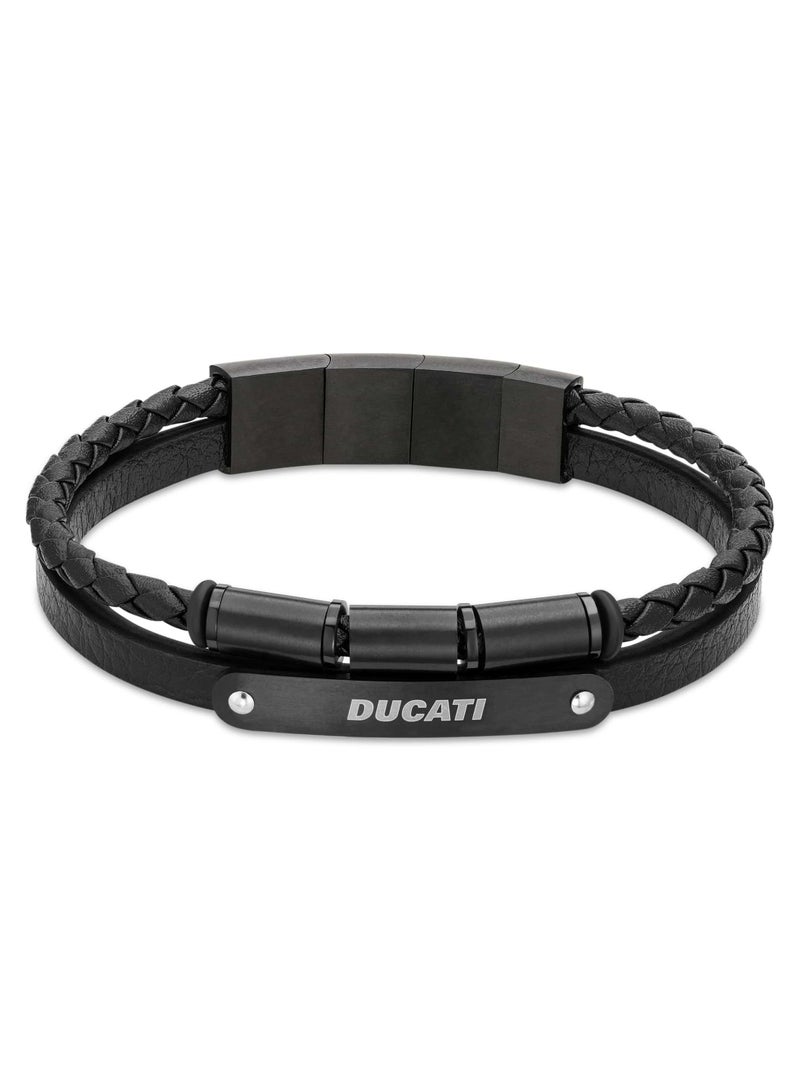 Ducati Corse Coraggio Gunmetal Stainless Steel Black Braided Leather Bracelet for Men 210mm - Image 1