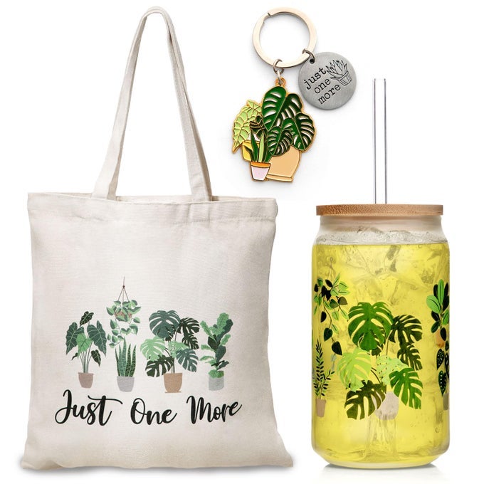 PLANT LOVER GIFTS FOR WOMEN PLANT LADY TOTE BAG 16OZ JUST ONE MORE ICED COFFEE CUP WITH STRAW LID KEYCHAIN SET CHRISTMAS BIRTHDAY GARDENING GIFTS FOR LADY MOM