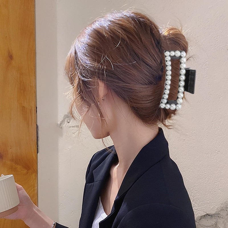 مشبك كبير للشعر على شكل لؤلؤة مربعة ومخلب للمرأة، مشبك فك لتزيين الشعر الأسود - Image 5