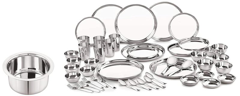 Neelam Neelam Stainless Steel Combo of 24 Gauge Premium Dinner Set of 50 pcs with 22 Gauge Flat Bottom Tope 1950 ml | Durable, Trusted Quality, Ideal Gifting on Special Occasions Like Anniversary, Wedding. - Image 1